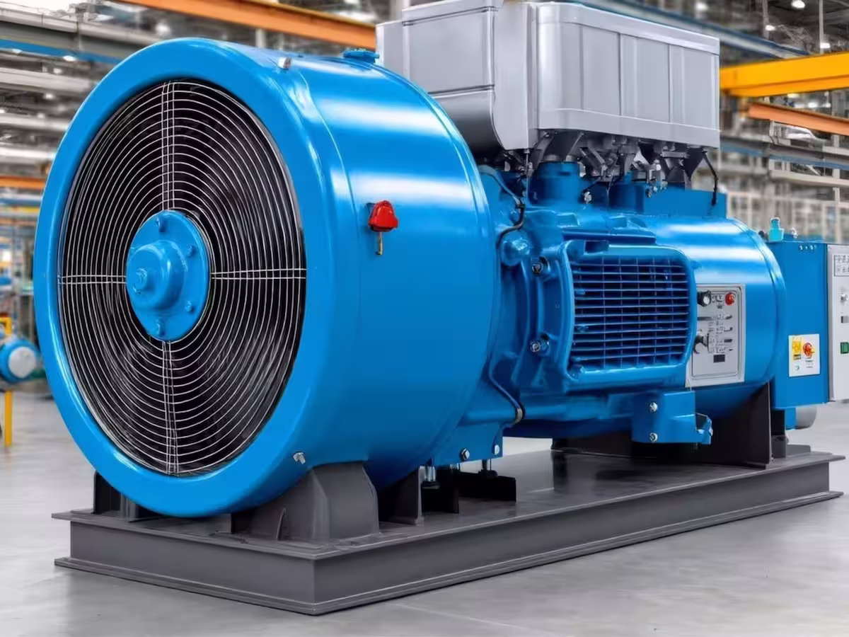 Heavy duty blue industrial generator unit in production facility