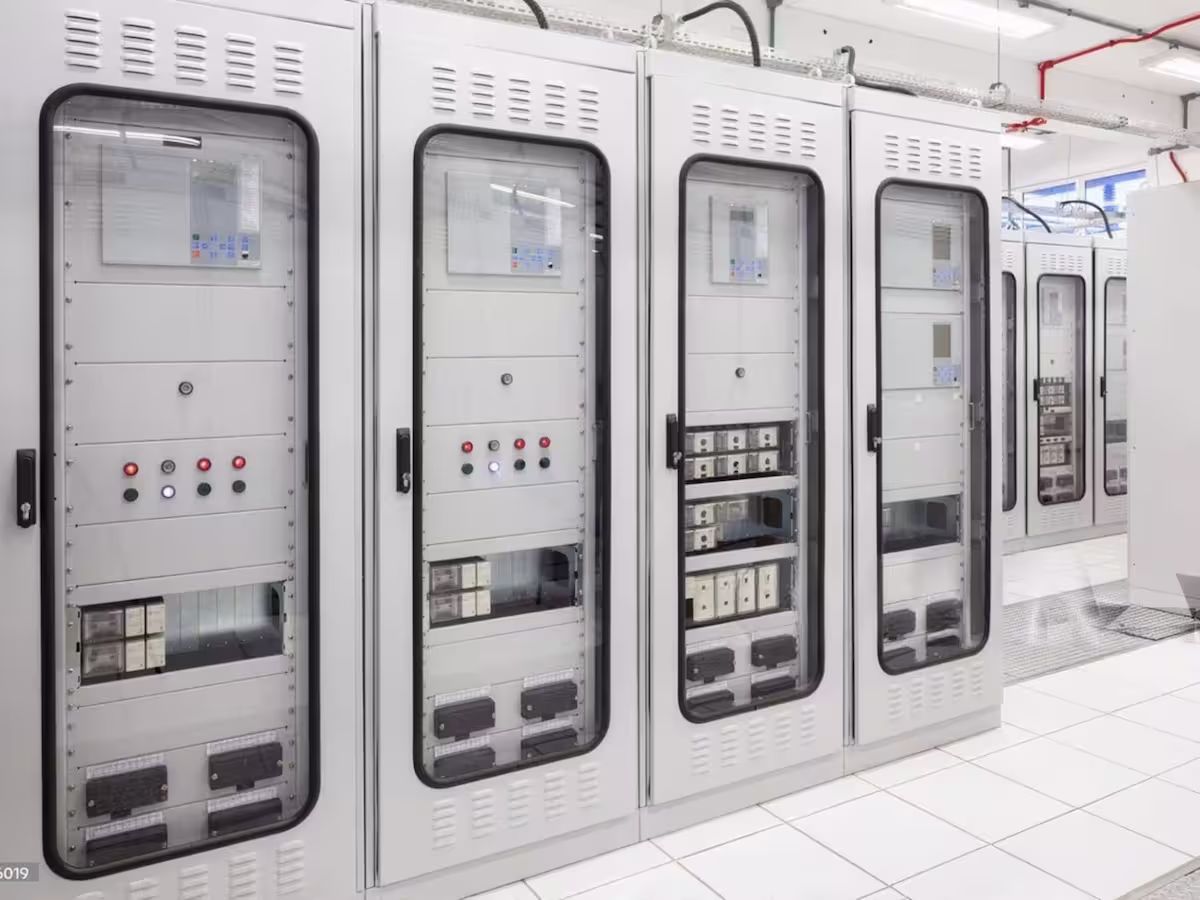 Industrial switchgear panel lineup in electrical room